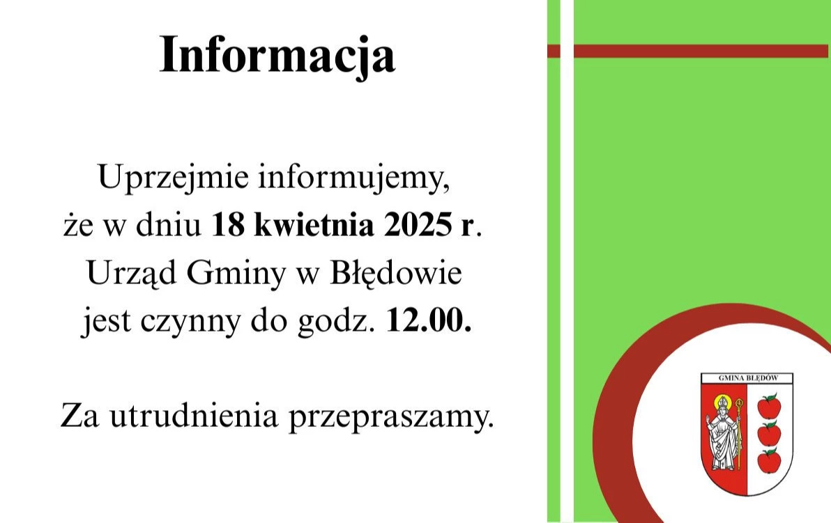 Zdjęcie do Informacja Urzędu Gminy w Błędowie